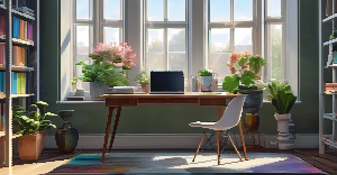 A bright and calming home office with plants, a laptop, and artwork on the walls.