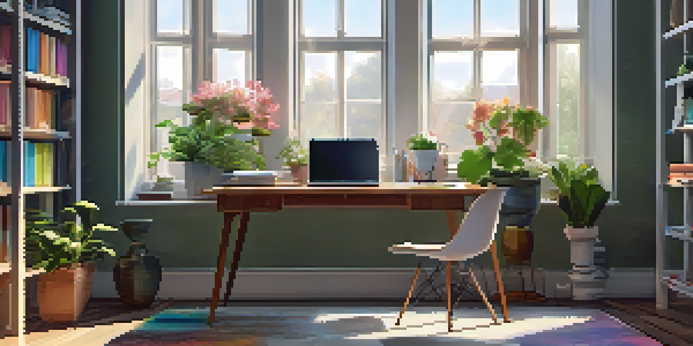A bright and calming home office with plants, a laptop, and artwork on the walls.