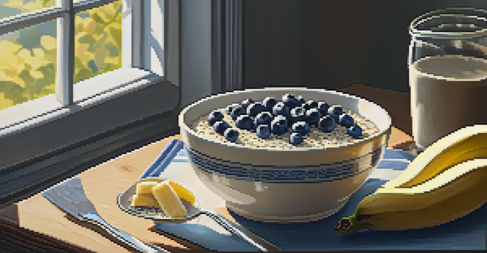 A breakfast table with oatmeal topped with blueberries, bananas, and chia seeds, illuminated by sunlight.