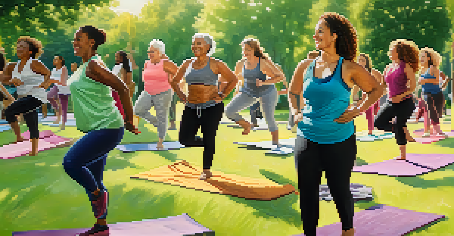A group of women of different ages exercising together in a park, enjoying activities like yoga and dancing under the sun.