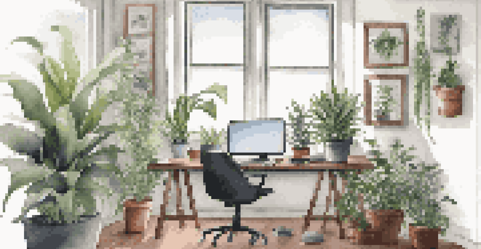A modern workspace with plants and a person watering a desk plant, creating a fresh environment.