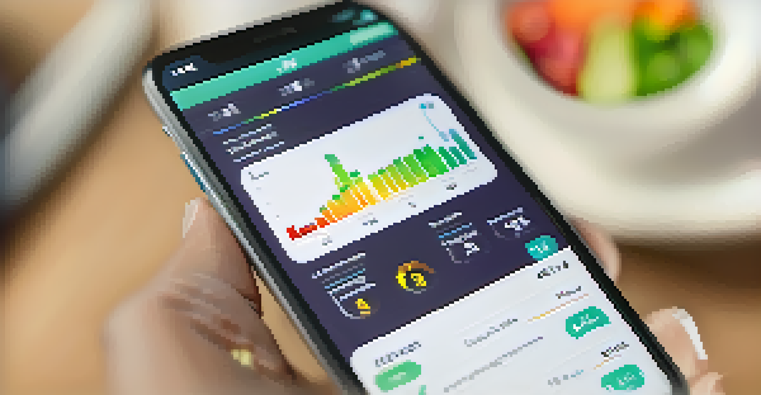 Close-up of a smartphone showing a fitness app with workout and meal tracking in a gym setting.
