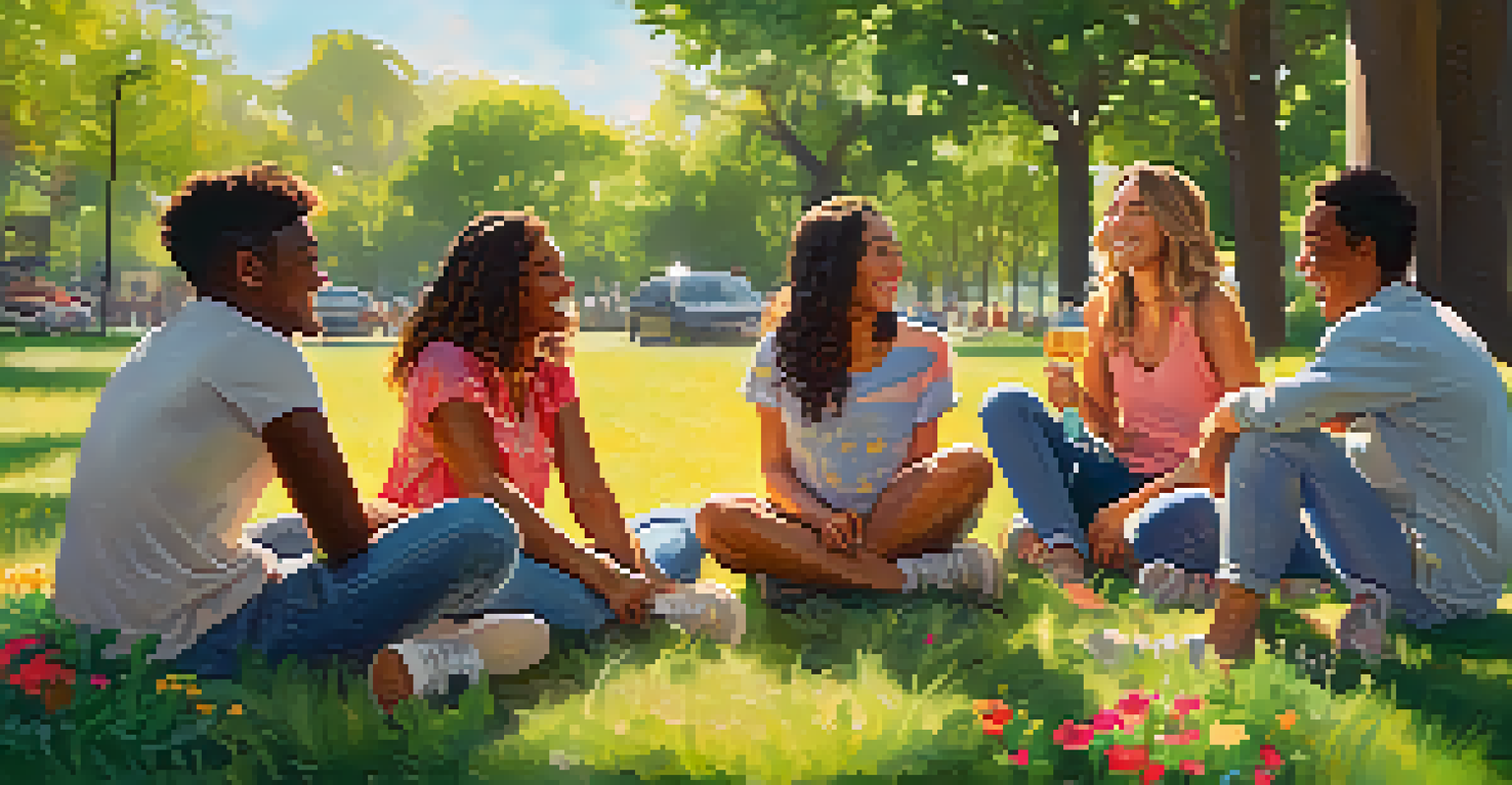 A group of friends sitting in a park, sharing laughs and enjoying each other's company in a vibrant green setting.