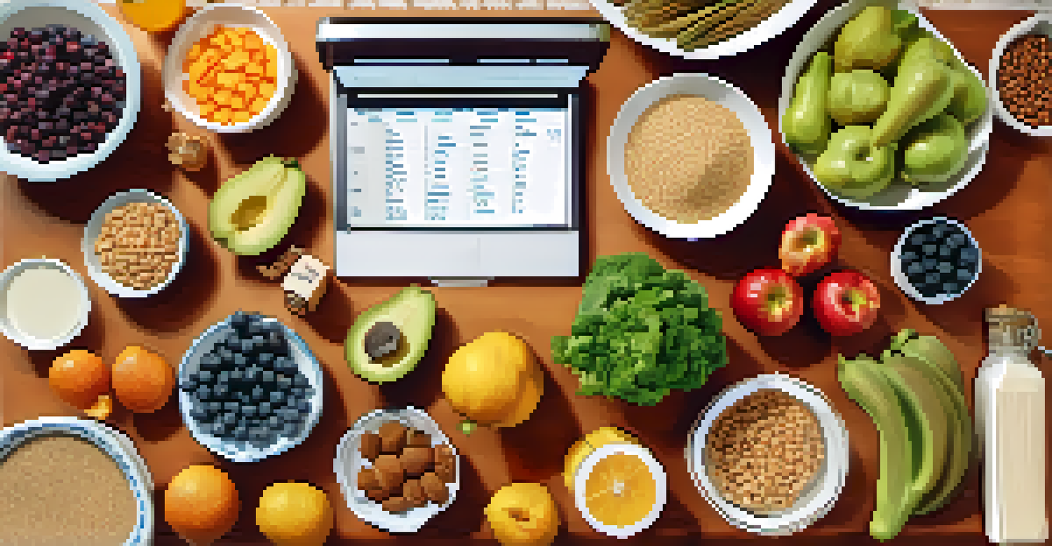 An overhead view of a kitchen counter with healthy foods and their labels, along with a notepad.