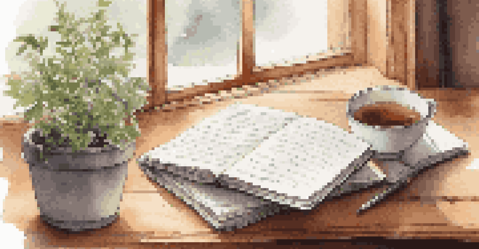 An open notebook with handwritten notes about self-forgiveness, surrounded by tea and a small plant.