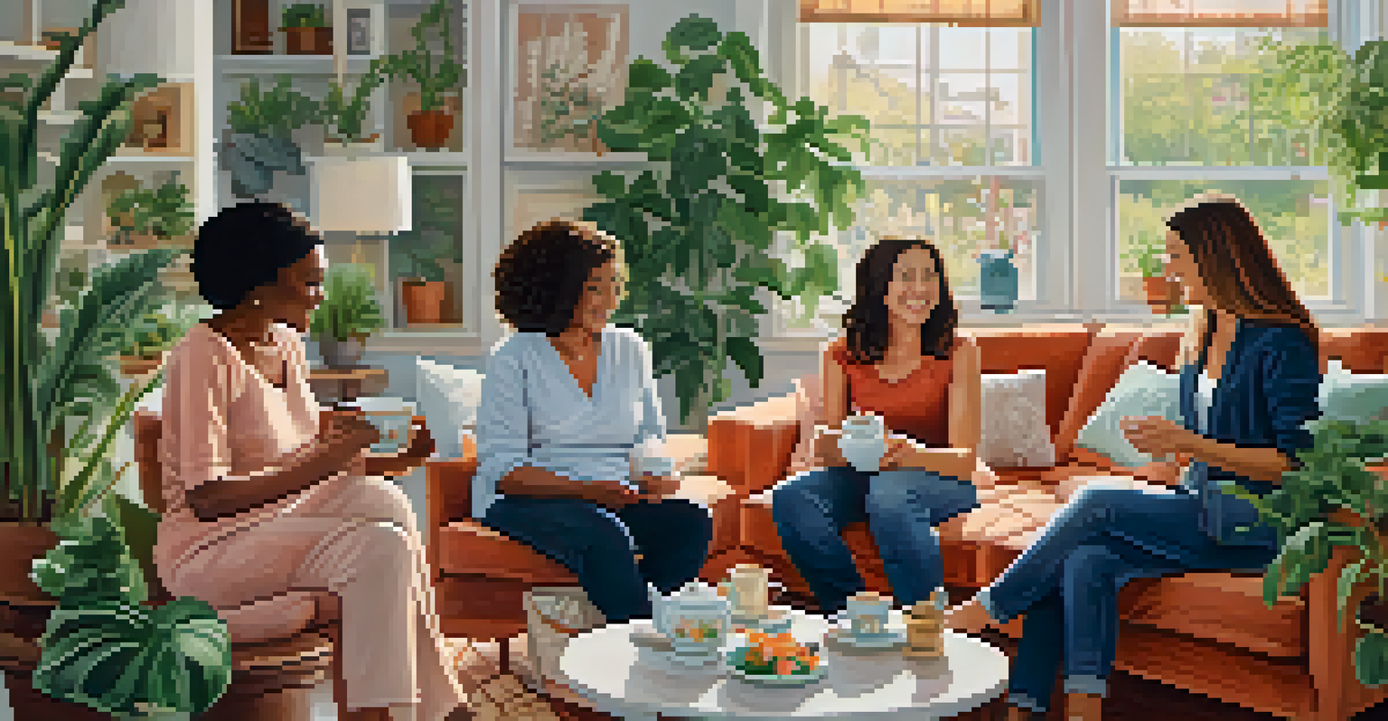 A diverse group of women sitting in a cozy living room, laughing and sharing stories over tea, surrounded by plants.