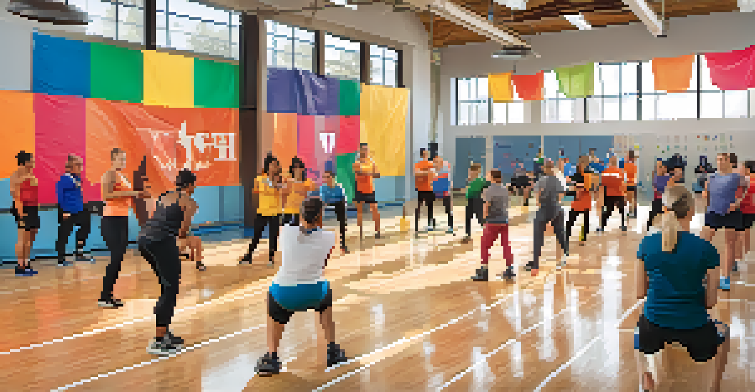 A workshop in a community gym where a coach teaches injury prevention techniques to a group of interested athletes.