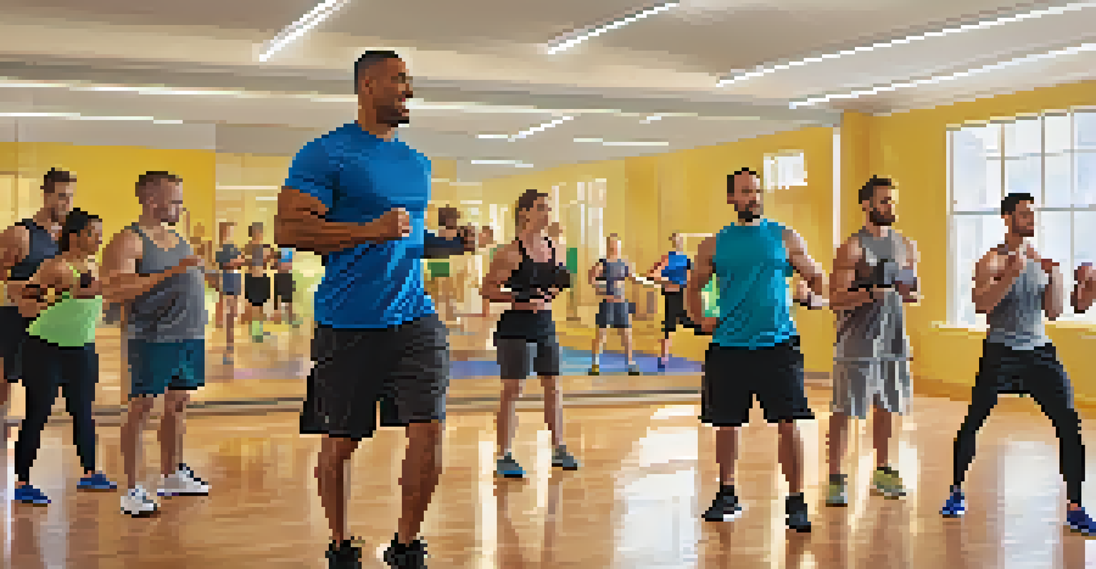 A male fitness instructor leading a high-energy workout class with engaged male participants in a bright gym.