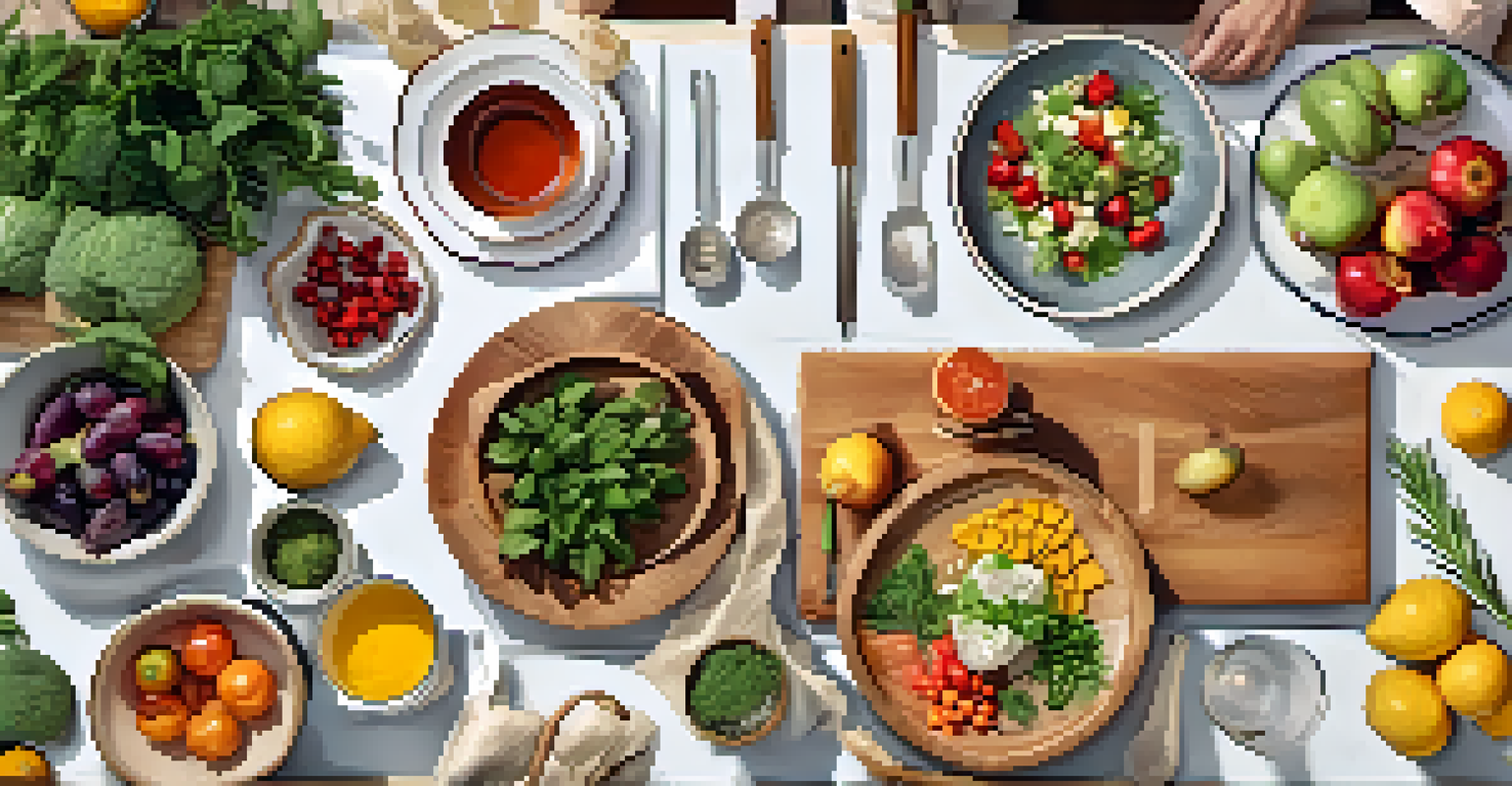 An overhead view of a table set for a cooking class with fresh ingredients, utensils, and a recipe book.