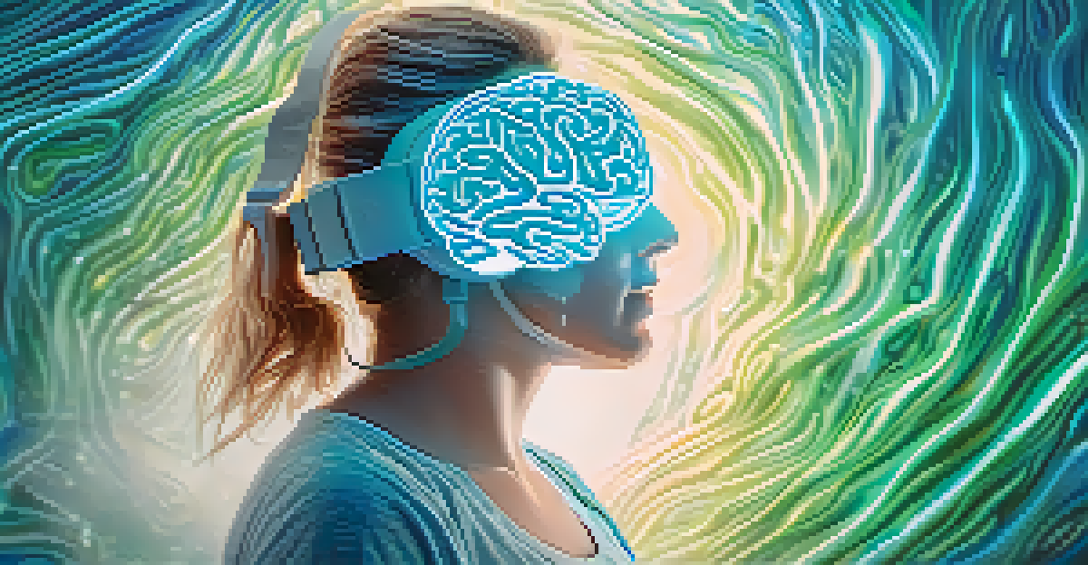 An illustration of the brain indicating pain relief with VR immersion elements.