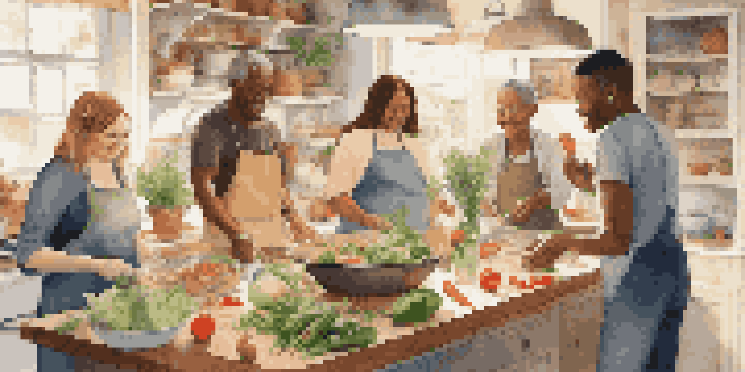 A lively kitchen with people of various ages and backgrounds cooking together, surrounded by fresh vegetables and spices, illuminated by sunlight.