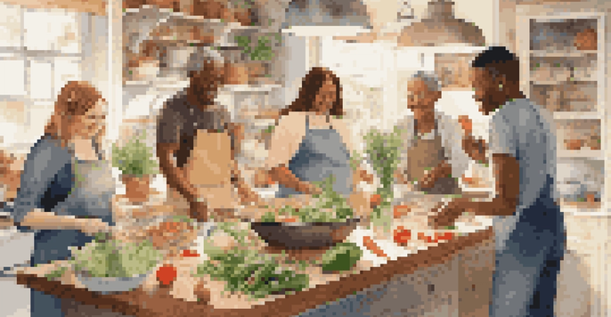 A lively kitchen with people of various ages and backgrounds cooking together, surrounded by fresh vegetables and spices, illuminated by sunlight.