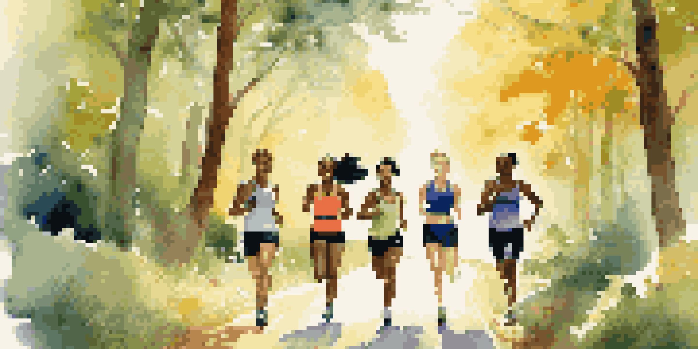 A diverse group of friends running together on a scenic trail, surrounded by nature, with sunlight filtering through the trees.