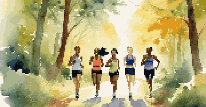 A diverse group of friends running together on a scenic trail, surrounded by nature, with sunlight filtering through the trees.