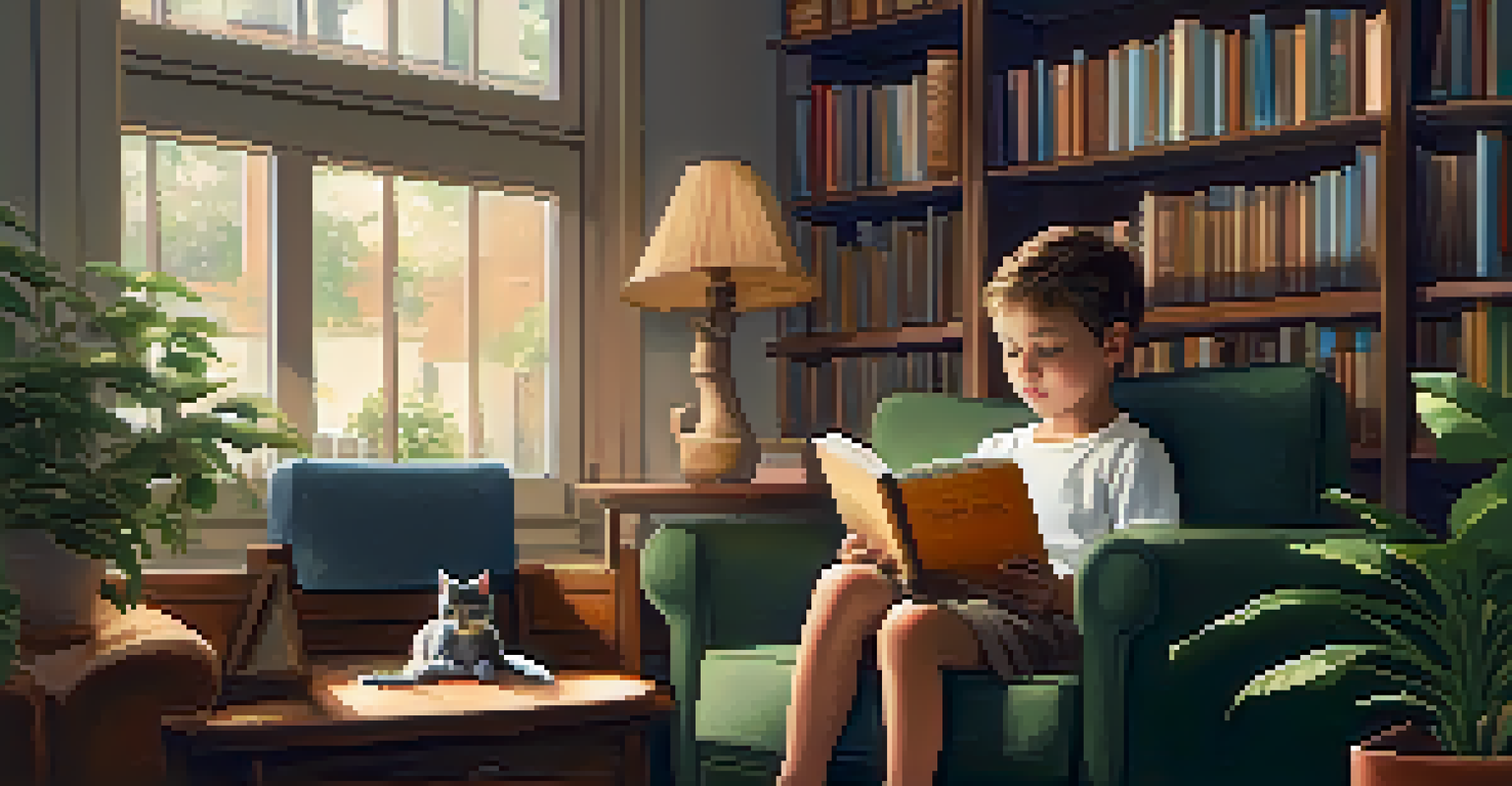 A child reading a book on a couch next to a cat, in a softly lit room with bookshelves and plants.