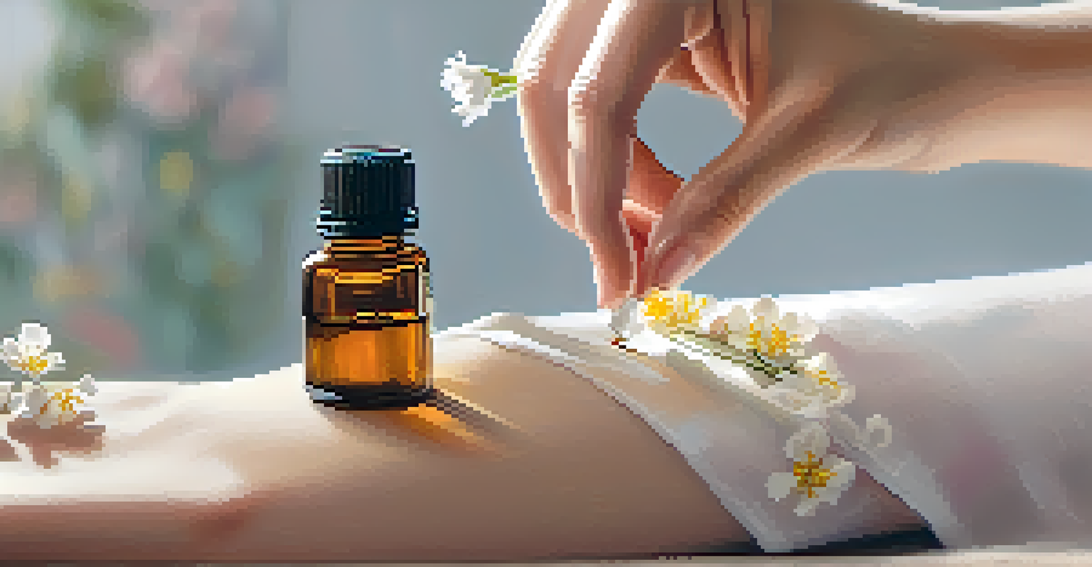 A close-up image of a person applying essential oil to their wrist with a blurred background of flower petals and a wooden surface.