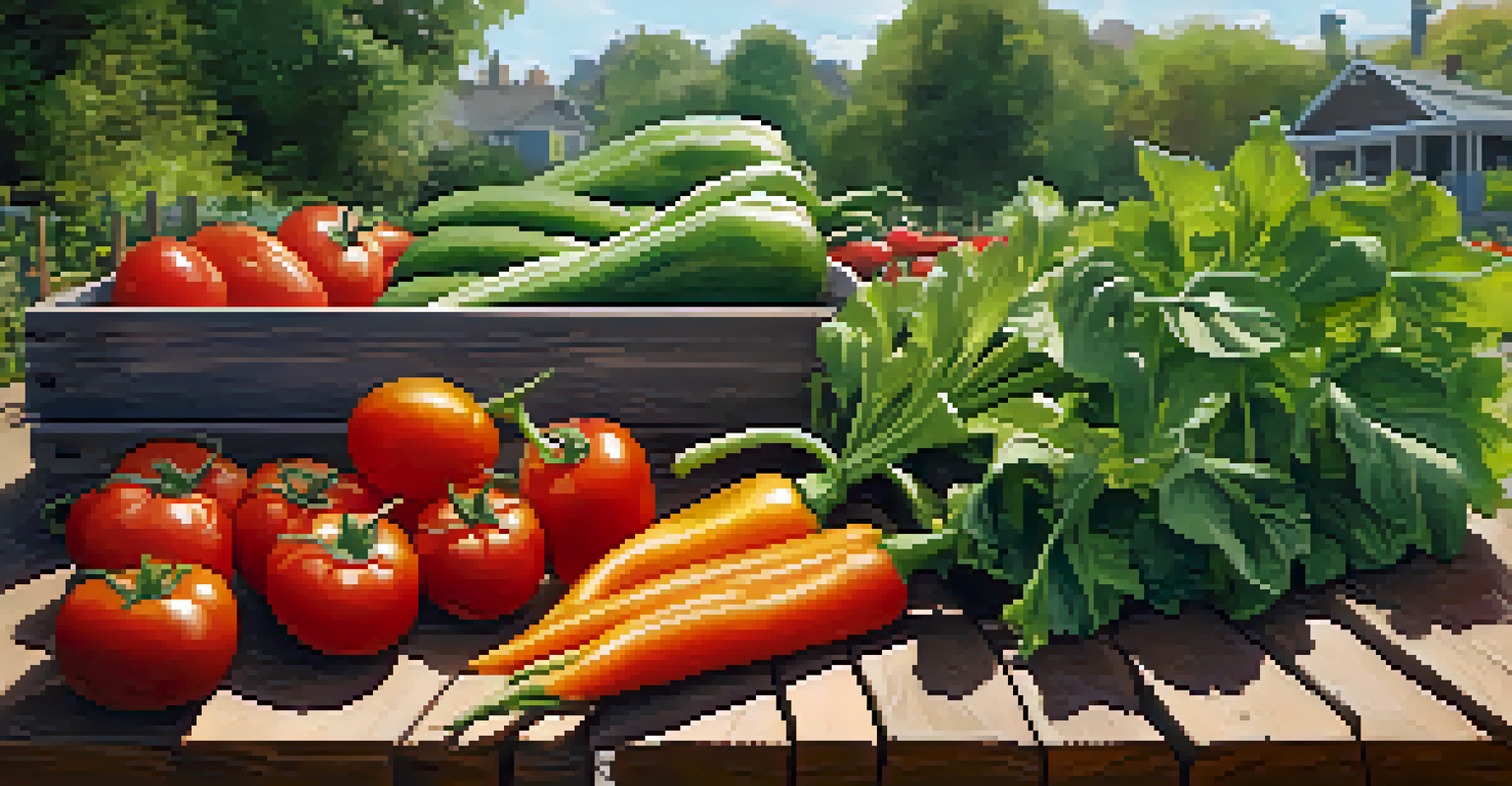 Freshly harvested vegetables displayed on a wooden table with a blurred background of a community garden potluck.