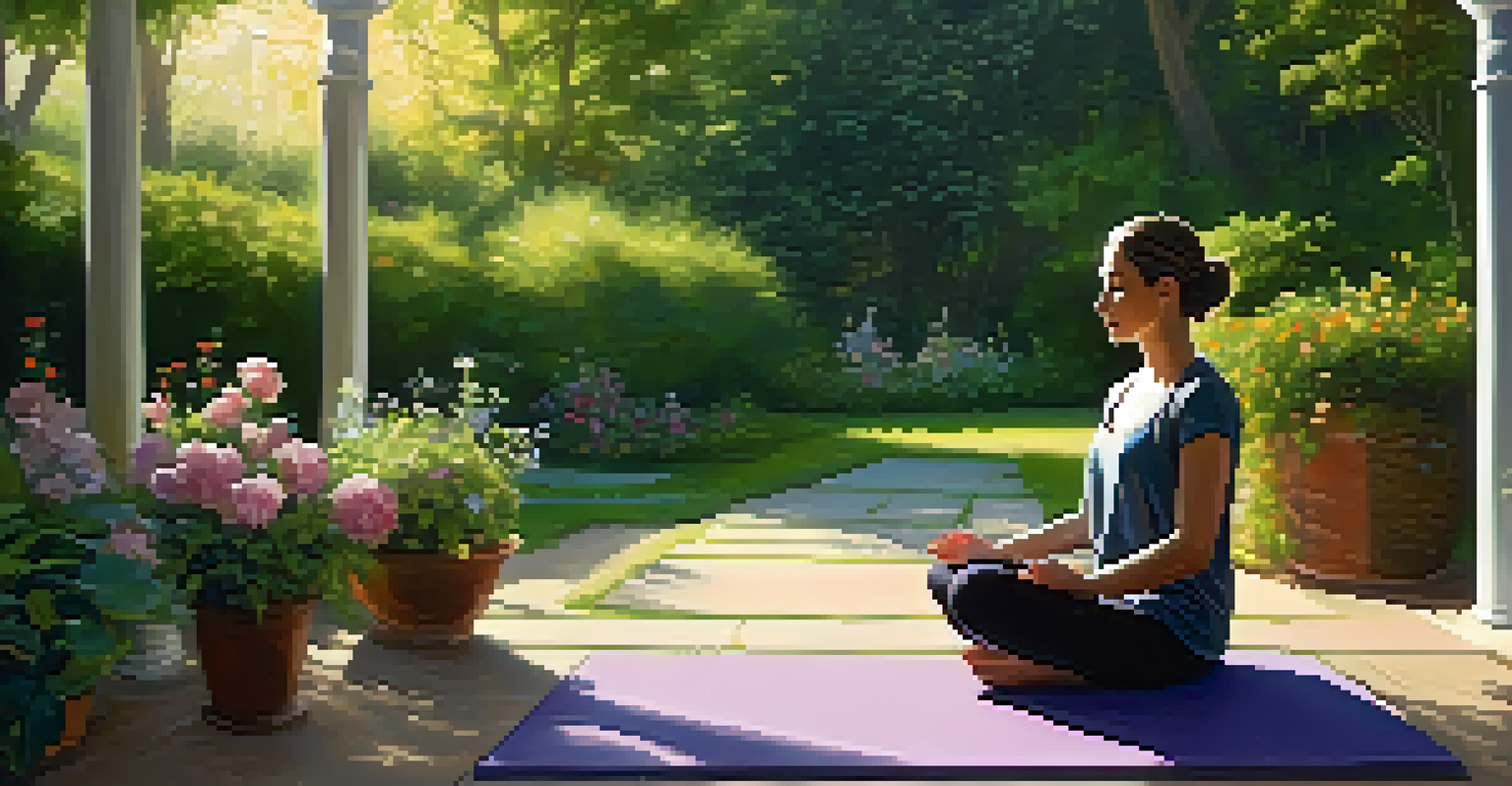 A person meditating on a yoga mat in a blooming garden, surrounded by nature and morning sunlight.
