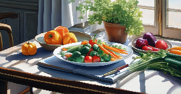 A dining table with a colorful plate of vegetables, grains, and a journal beside it, illuminated by soft natural light.