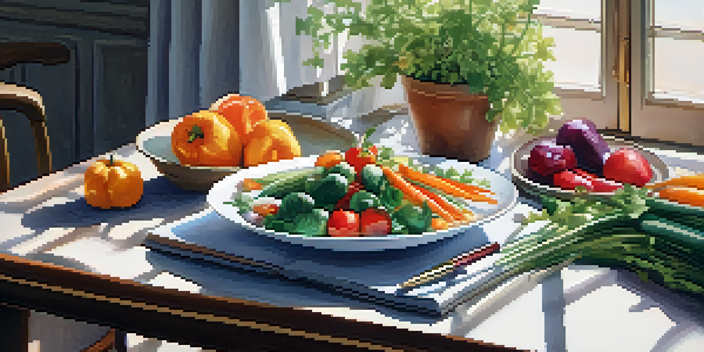 A dining table with a colorful plate of vegetables, grains, and a journal beside it, illuminated by soft natural light.