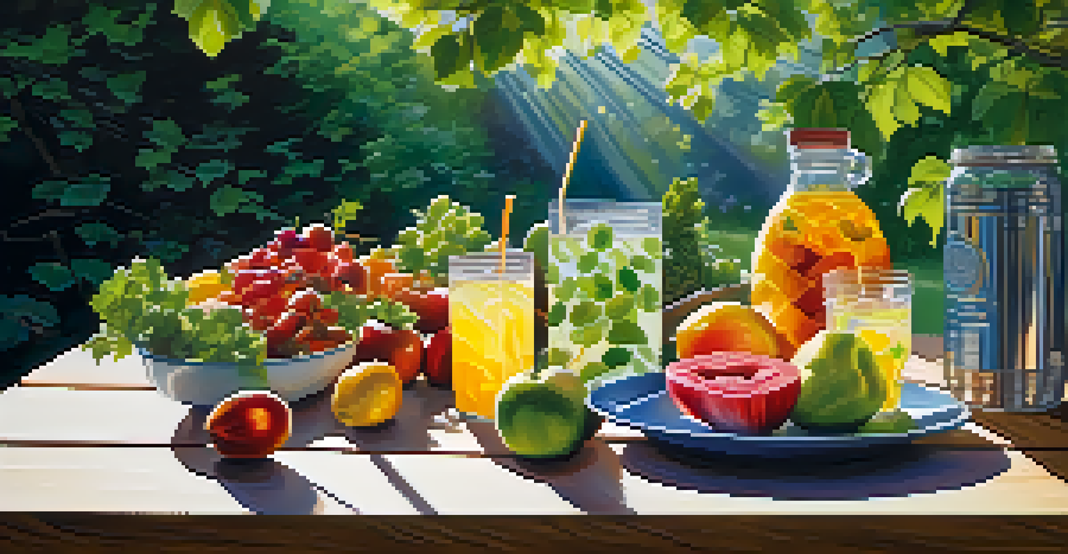 A colorful arrangement of fruits and vegetables in a rainbow pattern on a picnic table in a serene outdoor setting with infused water.