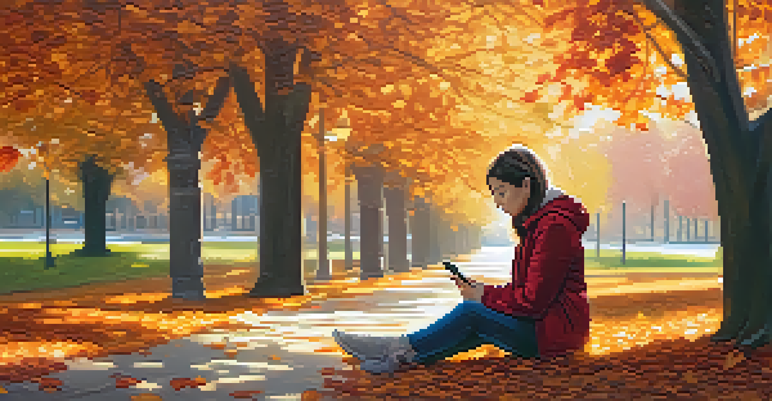 A person in a park looking thoughtfully at their smartphone amidst colorful autumn leaves.