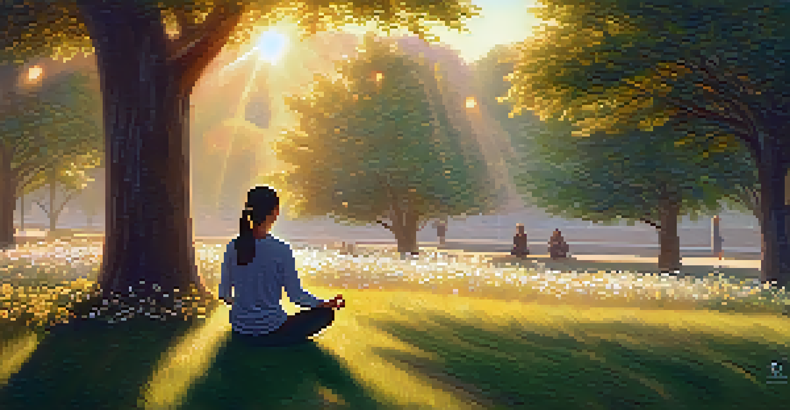 A person meditating in a park during sunset, surrounded by flowers and trees, illustrating mindfulness and peace.