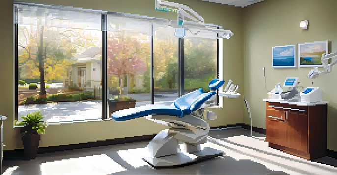 A modern dental office with natural light, dental equipment, and a dentist interacting with a patient, promoting a calming atmosphere.