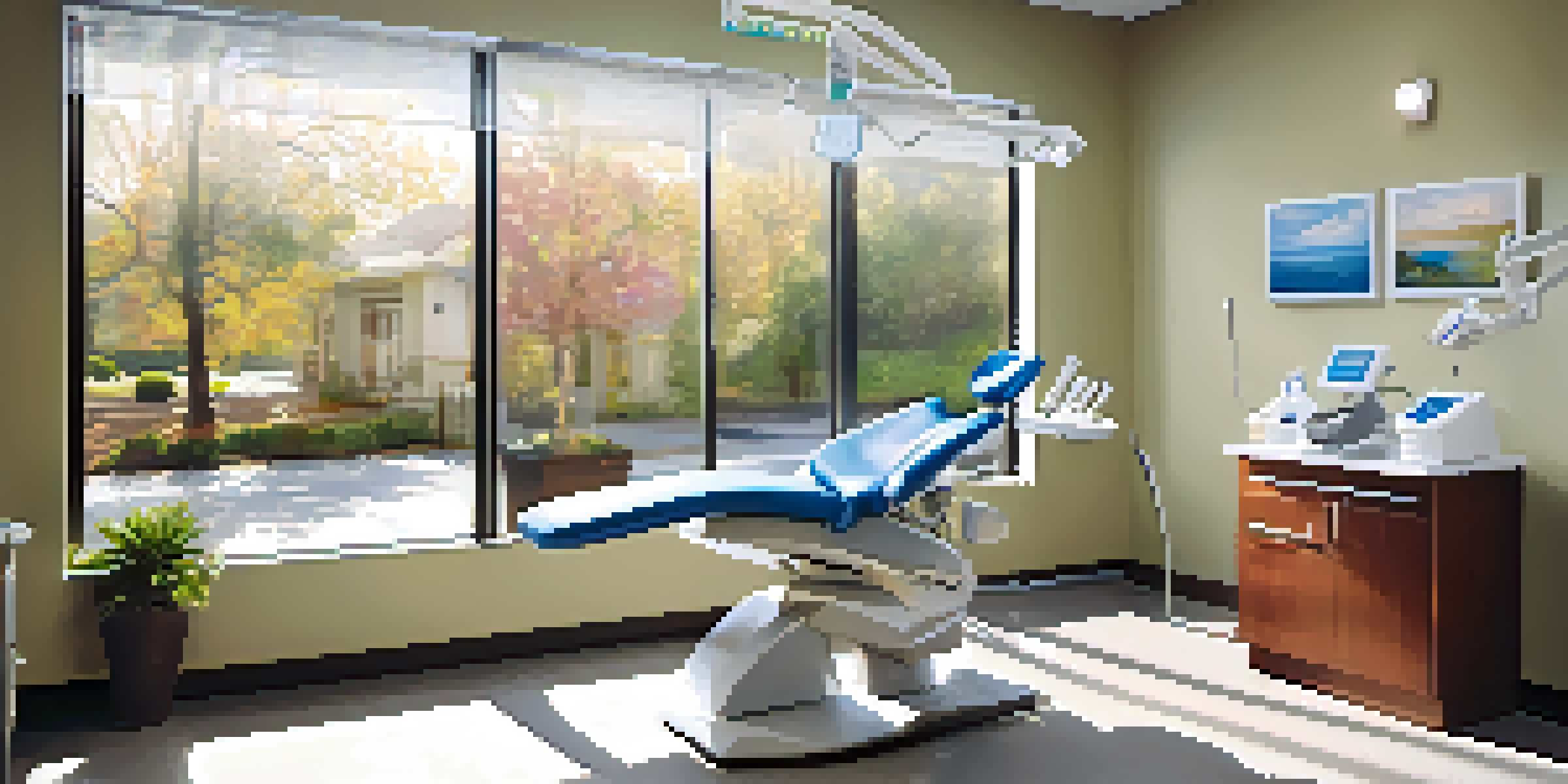 A modern dental office with natural light, dental equipment, and a dentist interacting with a patient, promoting a calming atmosphere.