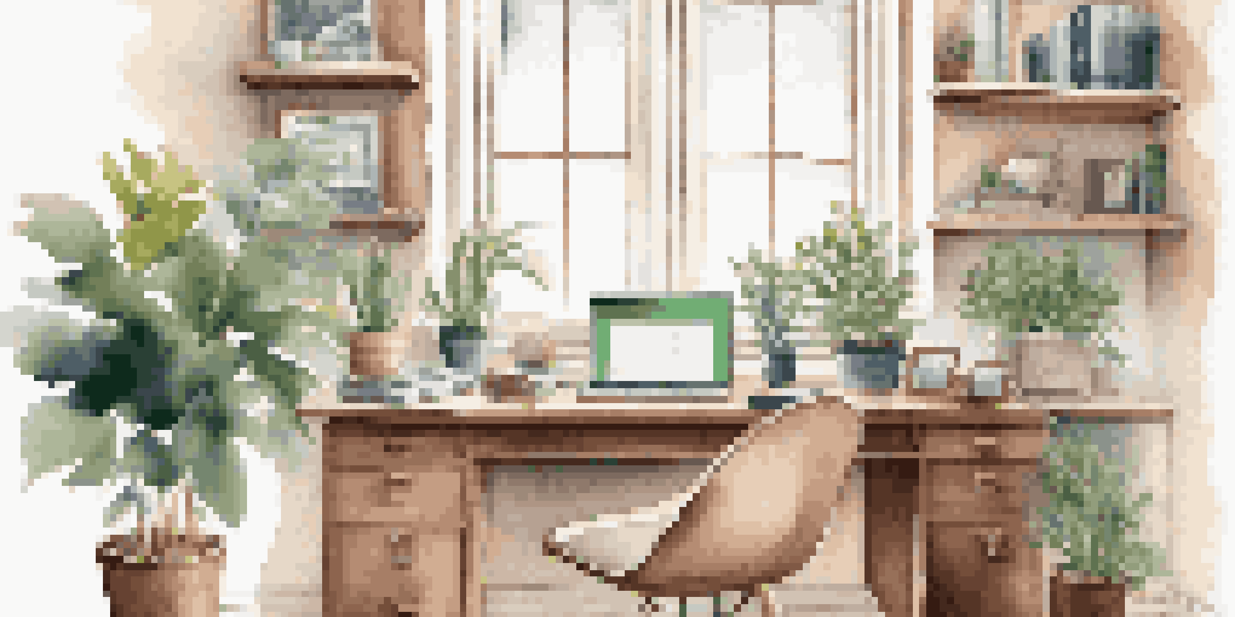 A cozy home office featuring a desk with a laptop, plants, and a cup of coffee, illuminated by soft natural light.