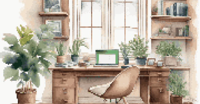 A cozy home office featuring a desk with a laptop, plants, and a cup of coffee, illuminated by soft natural light.