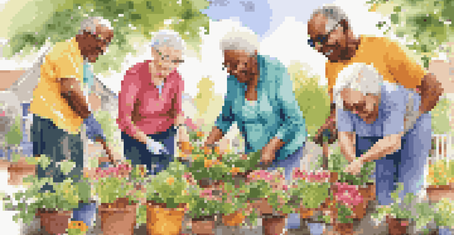 A diverse group of seniors happily gardening together in a sunny community garden.