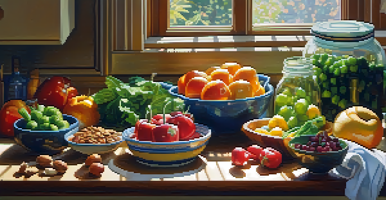 A colorful kitchen scene with healthy ingredients and meal preparation, illuminated by sunlight.