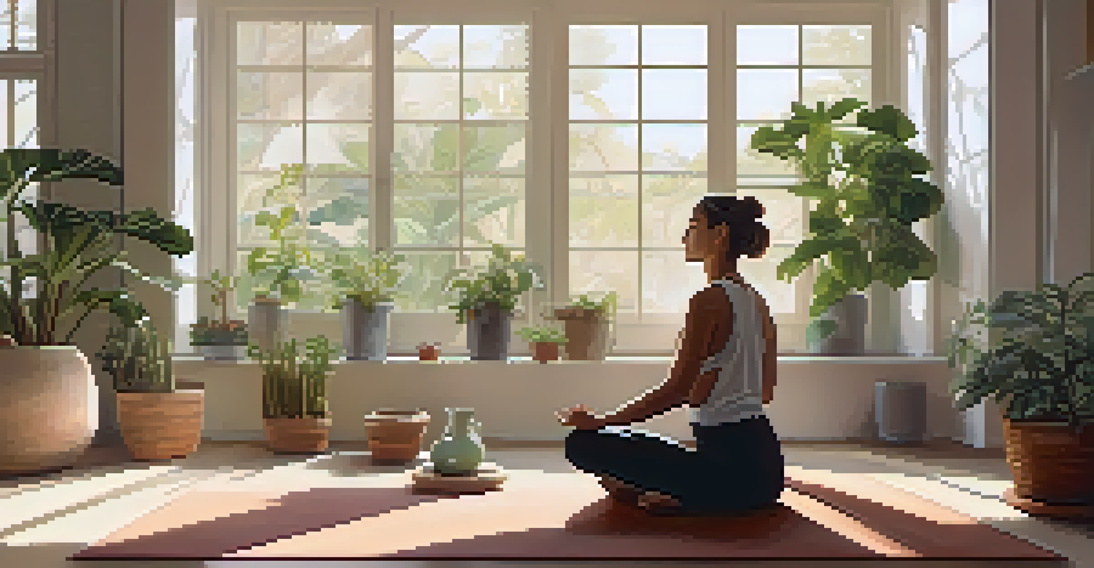 A person practicing mindful breathing on a yoga mat in a calm, plant-filled room with natural light.