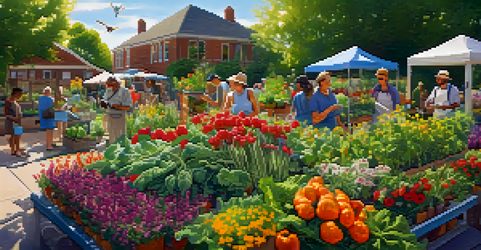 A colorful community garden with people gardening, flowers, and vegetables under warm sunlight.