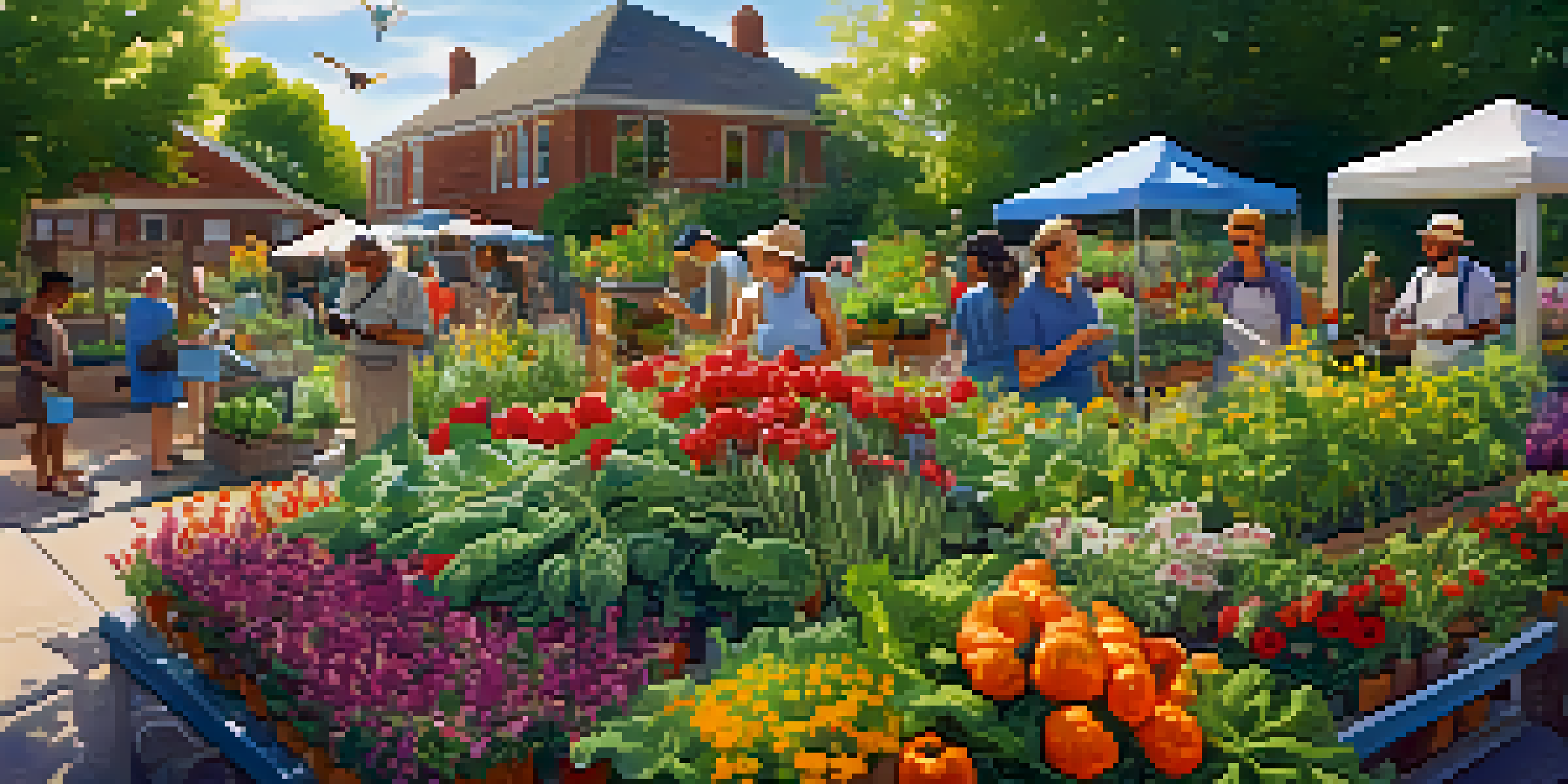 A colorful community garden with people gardening, flowers, and vegetables under warm sunlight.