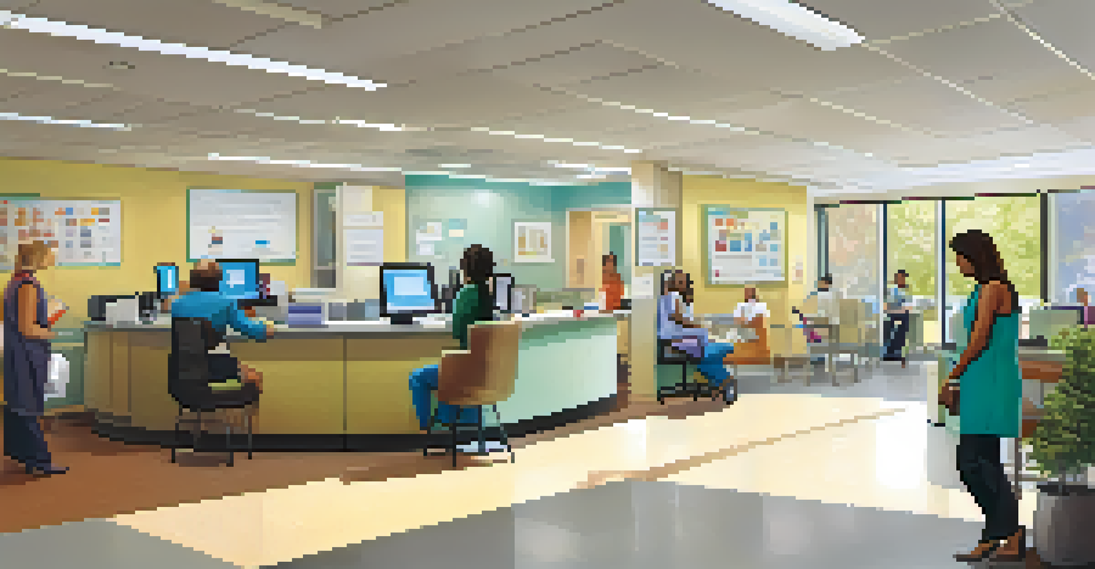 A busy clinic reception with healthcare staff managing digital records at their desks.