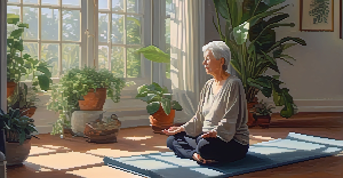 An elderly person sitting on a yoga mat in a sunlit room, practicing deep belly breathing with a calm expression.