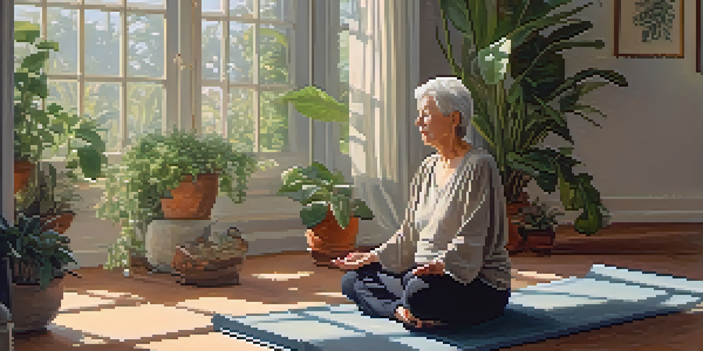 An elderly person sitting on a yoga mat in a sunlit room, practicing deep belly breathing with a calm expression.