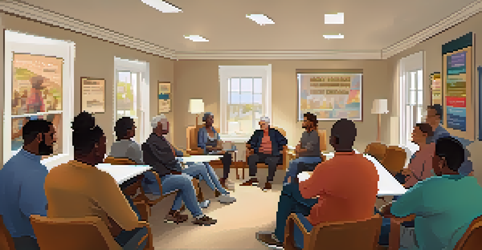 A support group session in a cozy room with people sharing experiences in a circle under warm lighting.