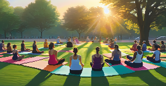 A group of diverse individuals practicing yoga outdoors at sunrise, surrounded by greenery.