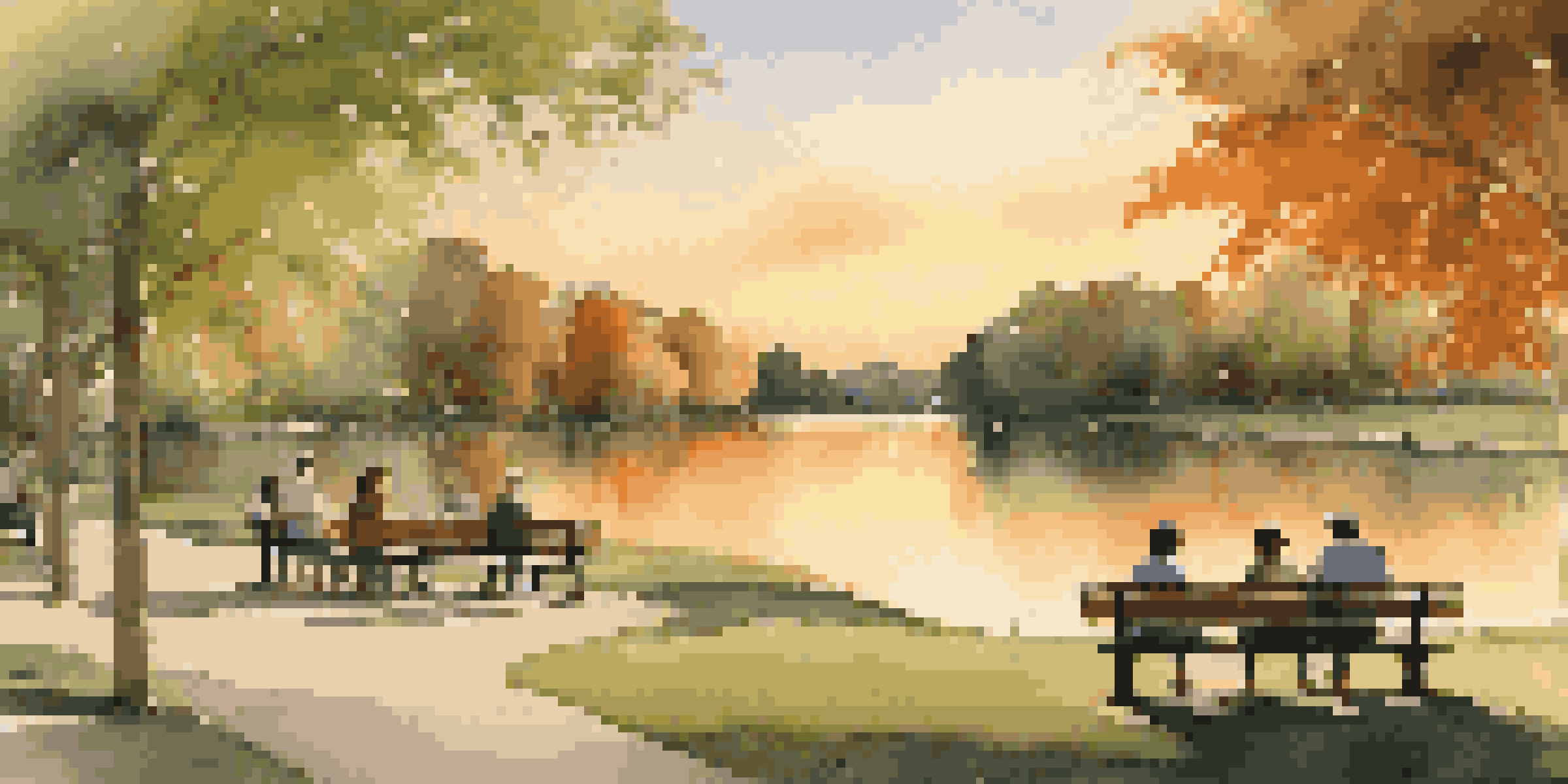 A peaceful park scene at sunset, featuring diverse individuals conversing on benches near a calm pond, surrounded by greenery.
