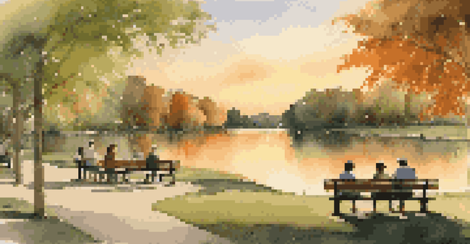 A peaceful park scene at sunset, featuring diverse individuals conversing on benches near a calm pond, surrounded by greenery.