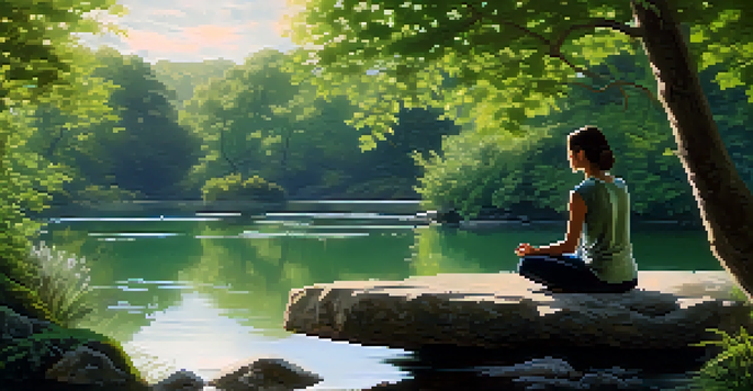A peaceful scene of a person meditating by a calm pond, surrounded by greenery, representing mindfulness and tranquility.