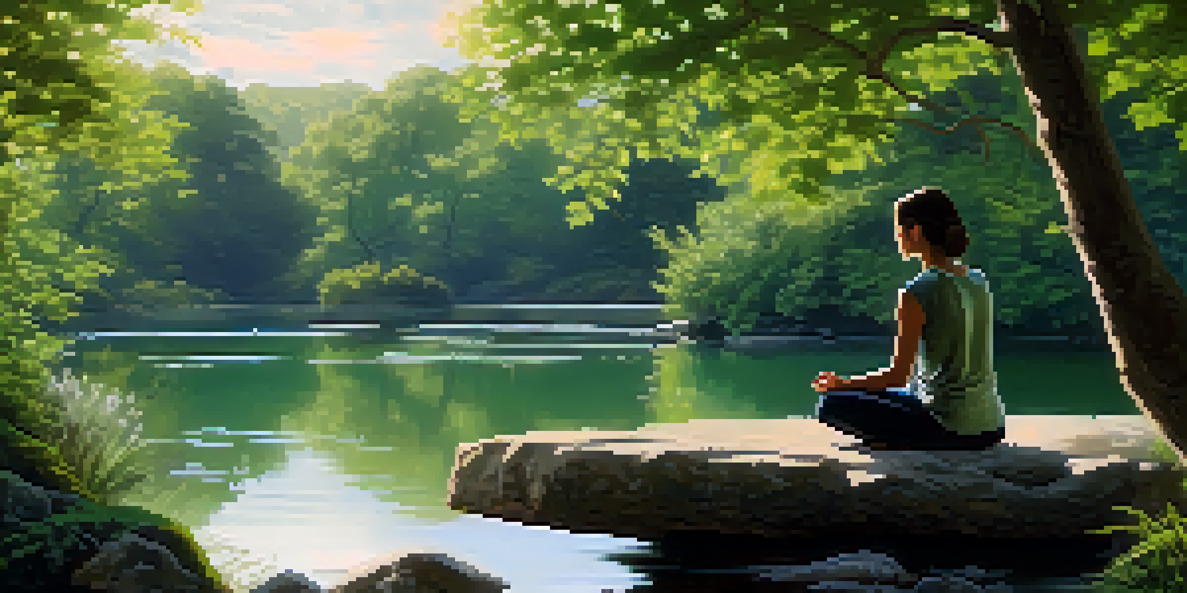 A peaceful scene of a person meditating by a calm pond, surrounded by greenery, representing mindfulness and tranquility.