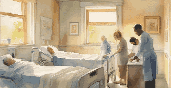 A patient in a hospital bed surrounded by loving family members, all sharing comforting moments together in a warm, light-filled room.