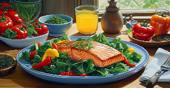 A colorful plate filled with a variety of fresh vegetables and grilled salmon on a rustic wooden table with natural light.