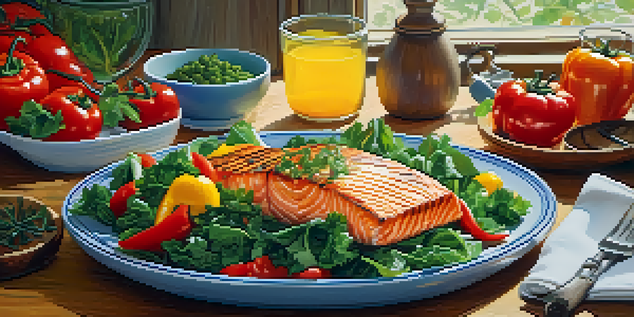 A colorful plate filled with a variety of fresh vegetables and grilled salmon on a rustic wooden table with natural light.