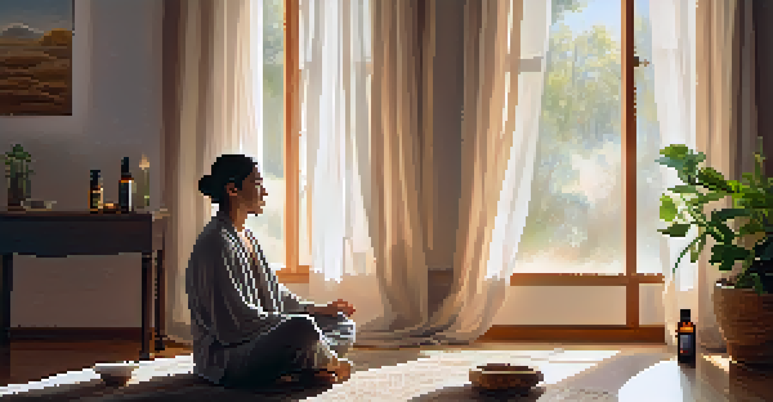 A person meditating in a cozy room with a diffuser releasing aromatic mist, illuminated by soft sunlight.