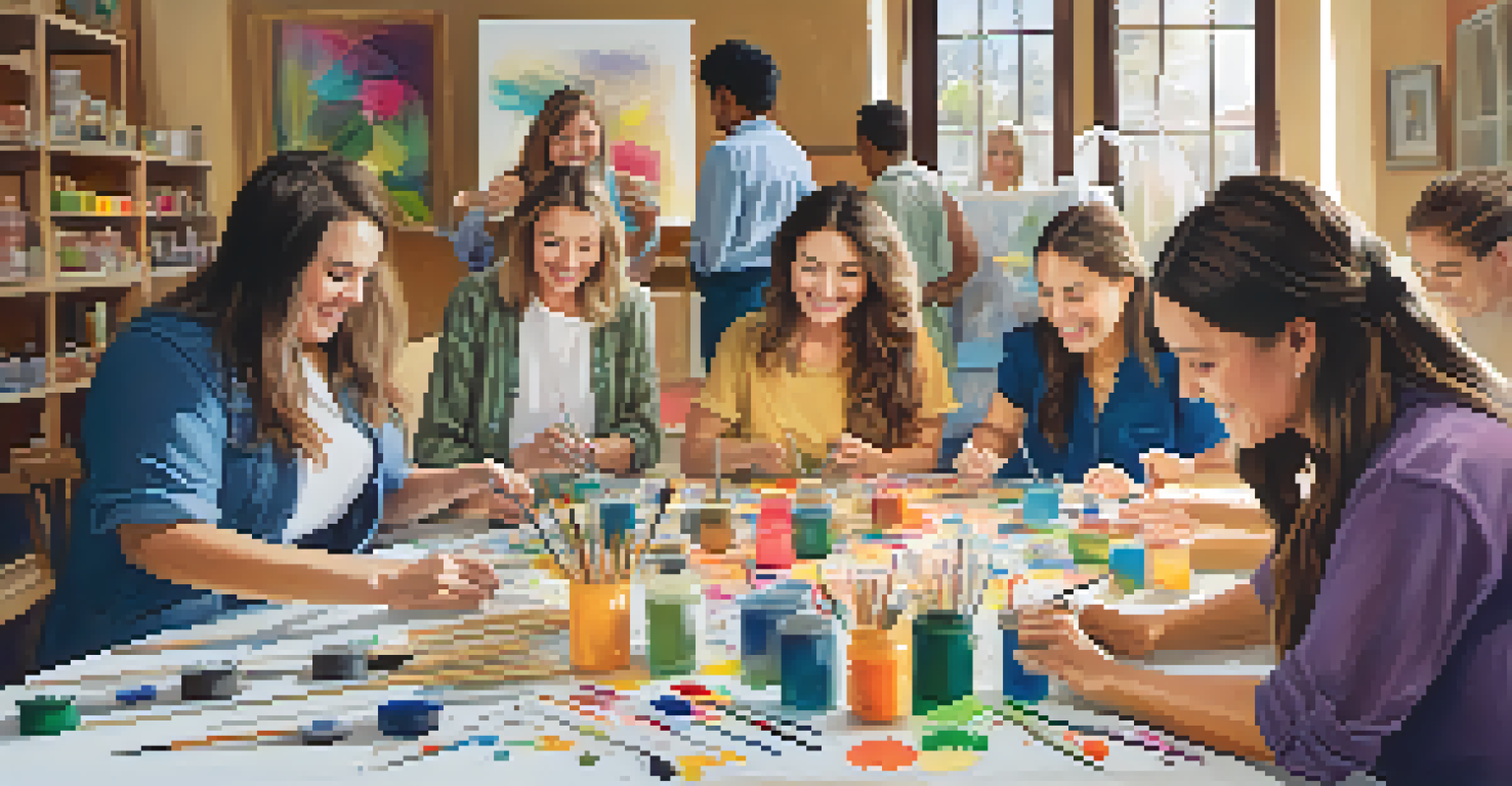 Employees participating in a fun arts and crafts workshop, collaborating on a colorful project at a long table.